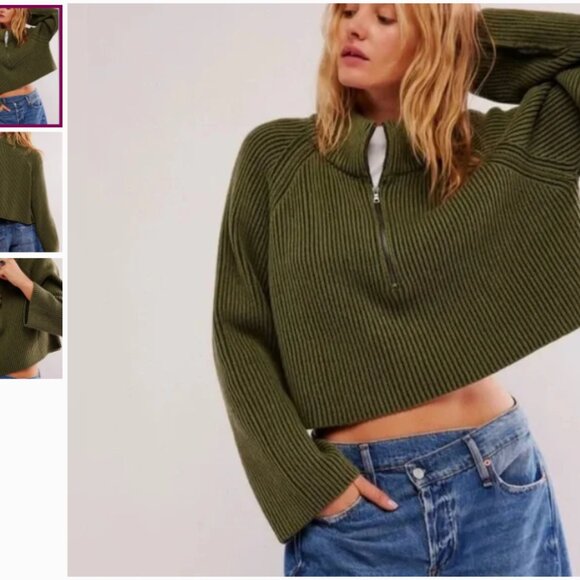 Free People Sweaters - Free People Olive Green Ribbed Knit Half Zip Sweater XS